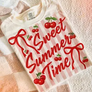 Comfort Color Striped Sweet Summer Time T-shirt, Cherry Coquette Sublimation T-shirt, Floral Cherry Summer T-shirt Graphic Cute Shirt
