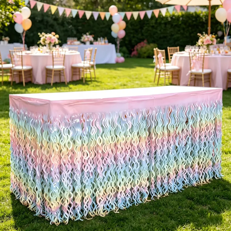 Rainbow Fringe Table Skirt, Iridescent Tinsel Tablecloth Fringe, DIY Photo Booth Backdrop for Birthday Party, Wedding & Holiday Celebrations