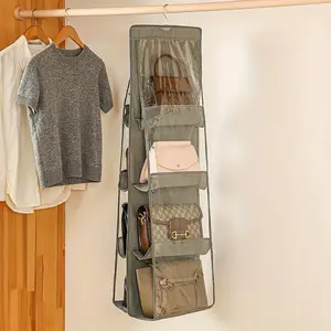 6 Pocket Hanging Handbag Organizer For Wardrobe Closet Gray Waterproof Multipurpose Storage Bag Door Wall Clear Sundry Bag With Hanger Pouch Durable Storage Organizer