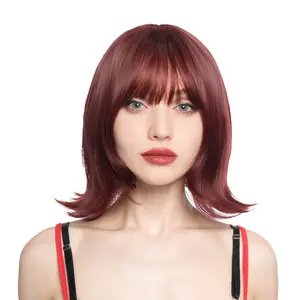 10-Inch Solid Wine Red Soft Curled Front Subtle Layers w/ Flicked Ends Synthetic Wig | 【Heat Resistant】【Cap Included】 | FSGA