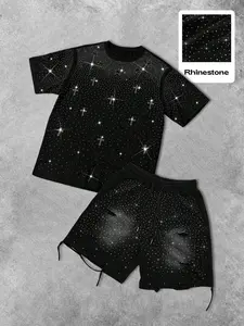 Men's Casual Fitted Two-Piece Set, Outfit, Menswear, Summer Short Sleeve T-Shirt & Rhinestone Floral Shorts, Perfect Gift for Boyfriend