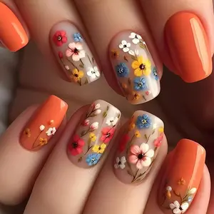 Flower Press on Nails Short Square Spring Nails Press ons Medium Orange Fake Nails with Floral Design Glue on Nail Glossy Floral False Nails Full Cover Acrylic Stick on Nail for Women Girls 24Pcs