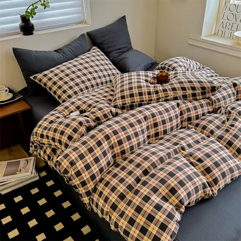 3pcs/4pcs Vintage Cotton Plaid Decorative Bedding Set, Bed Sets, Student Dormitory Three-Piece Set, Home Essentials, Suitable for All Seasons, Cover, Duvet