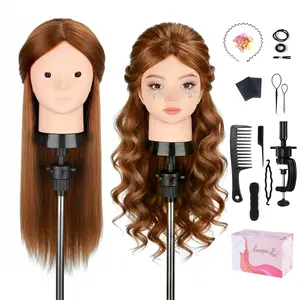 Mannequin  with 80% Human Hair,  24" Brown Real Hair  Mannequin  Hair Styling Hairdressing Practice  Doll Heads with Clamp Holder and Tools