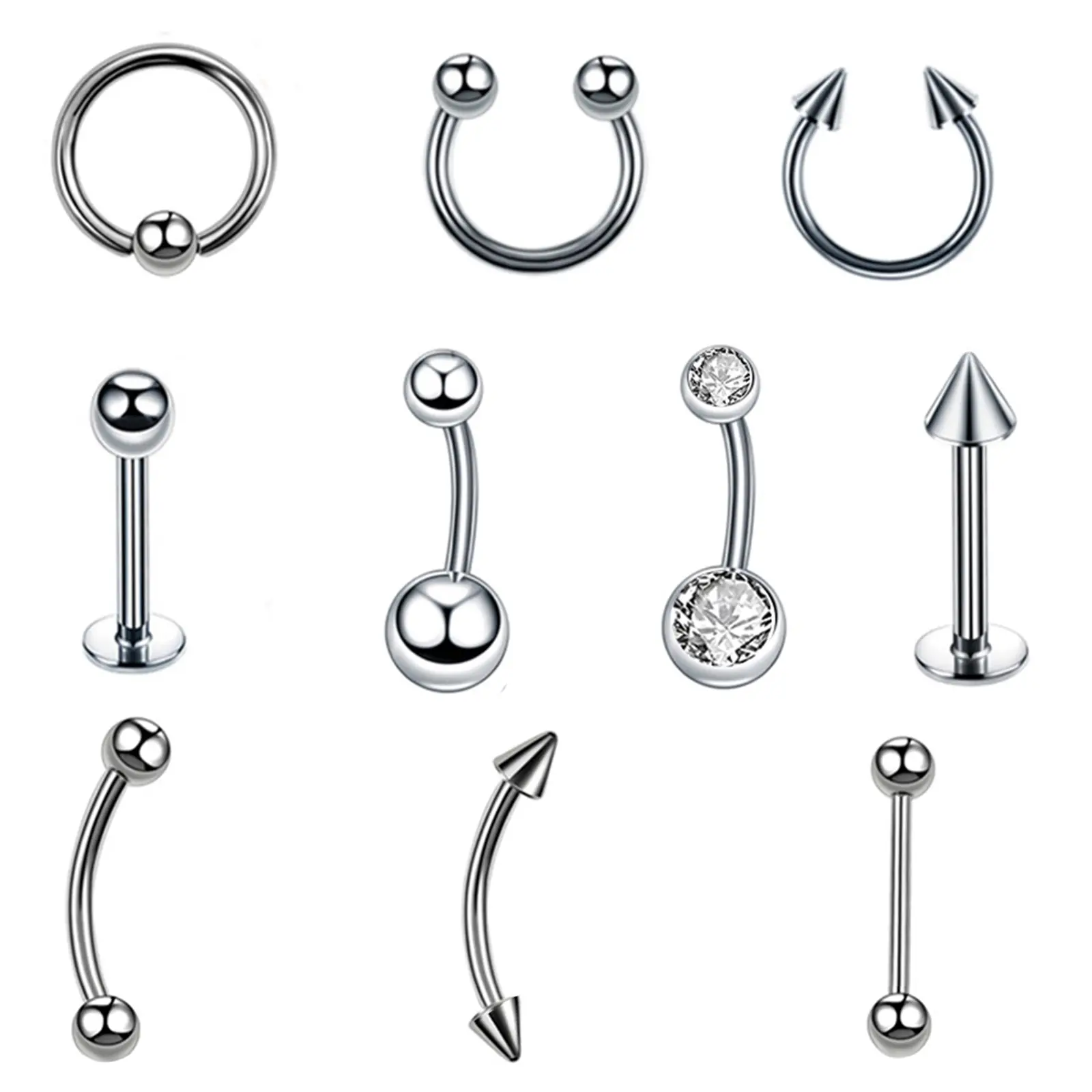 OIDEA G23 Titanium Body Piercing Kit, 10PCS 14G-16G Body-Safe Dainty Piercing Jewelry for Belly, Tongue, Eyebrow, Lip, Nose, Hypoallergenic with Cubic Zirconia Rhinestones, Body-Safe Piercing Jewelry