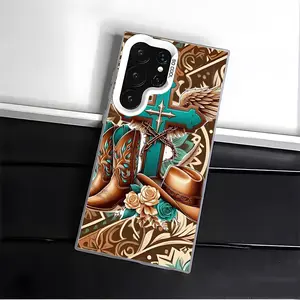 Western Cowboy Hat and Cross Phone Case for SAMSUNG GALAXY S22 S23 S24 S25 FE ULTRA PLUS Hard TPU PET PC Black White Stylish Gift Ideas Anti-drop Cellphone Protective Shell Shockproof Protector Mobile Phone Cover