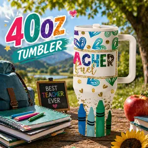 1 Pc 40oz  Teacher Appreciation Thermal Mug, Double Wall Insulated, Keeps Hot 12h Cold 24h, Leak Proof Lid, Large Capacity Travel Mug with Handle, Cute Crayon Heart Design Gift for Teachers, Back to School, Thanksgiving, Christmas, Holiday Gi Tumbler
