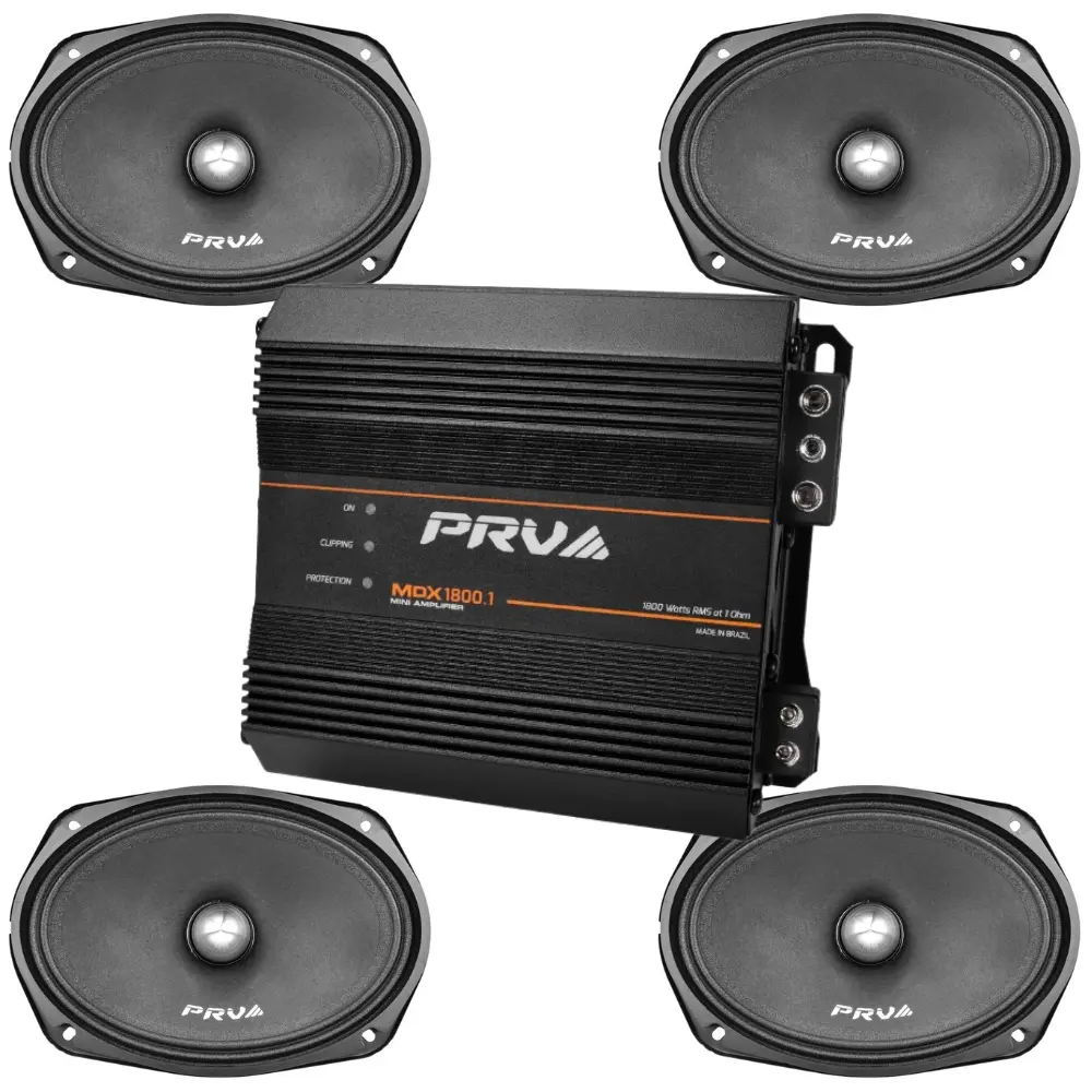PRV Audio Bundle 4x 69MR500-4 BULLET 6x9" Mid Range Bullet Loudspeaker 1x MDX1800.1 1 Ohm Mini 1-Channel 1800W RMS Amplifier