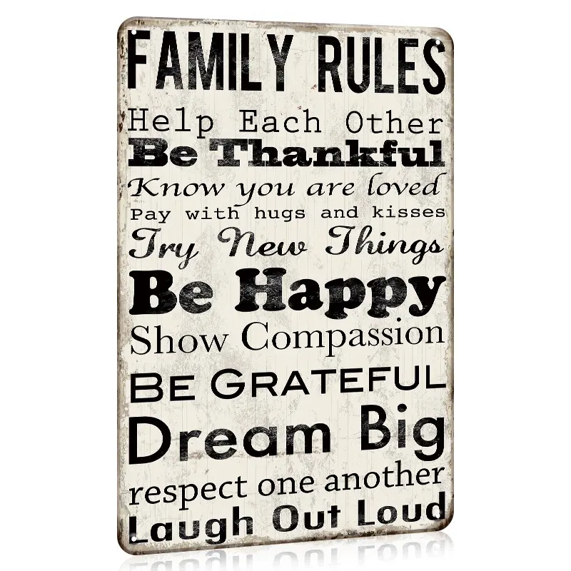 Vintage Iron Rectangular Family Rules Signage a31501 - 1pc 8x12in Decorative Wall Plaque, Home Supplies for Living Room Decoration, Indoors Wall Decor