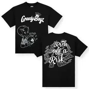 Rich Off A Risk" Money Cartoon Graphic T-Shirt, "Greedy Boyz" Hustle Print Oversized Crew Neck Tee, Men's Short Sleeve Streetwear Cotton Top, Trendy Entrepreneur Aesthetic Shirt for Hustlers, Money Lovers and Streetwear Enthusiasts