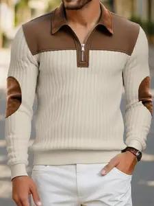 Men's Fall Winter Patchwork Knit Sweater, Colorblock Textured Long Sleeve, Casual Fashion Retro Stand Collar Zipper, Versatile Style