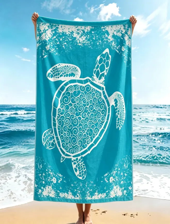 Teal Turquoise White Swirl Sea Turtle Ocean Foam Wave Pattern for Women Men Teens Ocean Lovers Scuba Divers, Summer Holiday Birthday Vacation Cruise Pool Beach Party Gift, Quick Dry Microfiber Beach Towel Sand Free Lightweight Bath Towel
