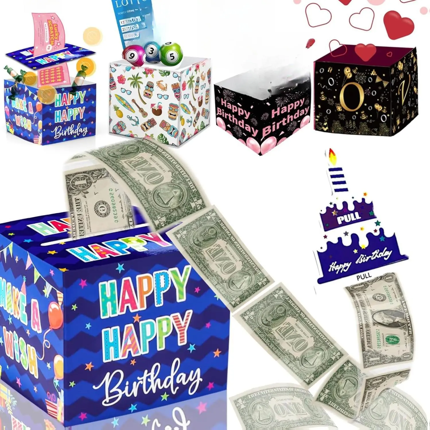 Birthday Money Box for Cash Gift Pull, Surprise Money Roll Gift Box with Pull Out Card and 30 Transparent Bags DIY Set, Funny Ways to Give Money as Gift for Parents, Lovers, Friends (Blue)