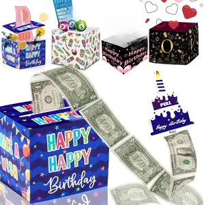 Birthday Money Box for Cash Gift Pull, Surprise Money Roll Gift Box with Pull Out Card and 30 Transparent Bags DIY Set, Funny Ways to Give Money as Gift for Parents, Lovers, Friends (Blue)