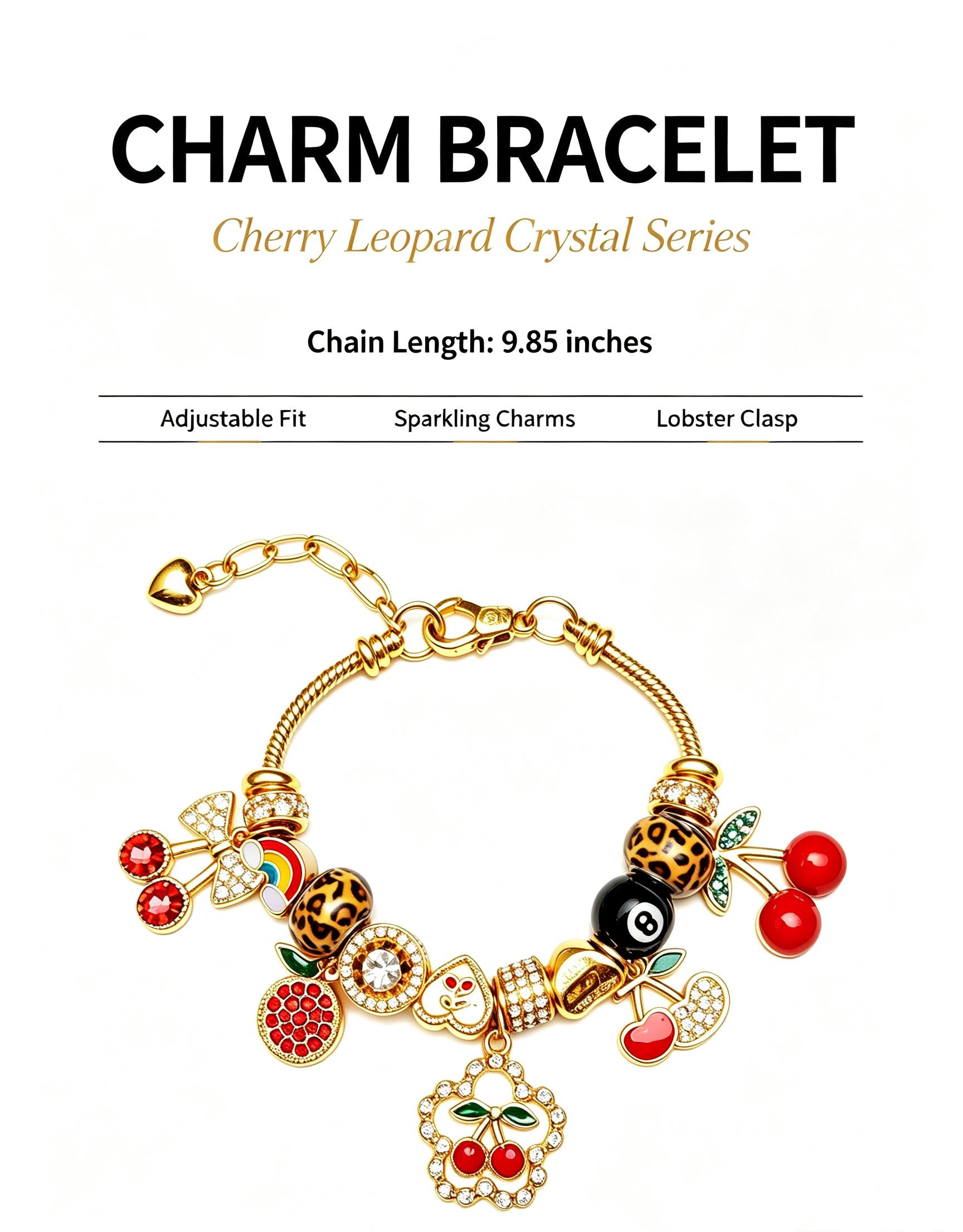Retro Fun Beaded Bracelet with Leopard, Cherry & 8-Ball Charms – Stylish & Versatile Fashion Accessory