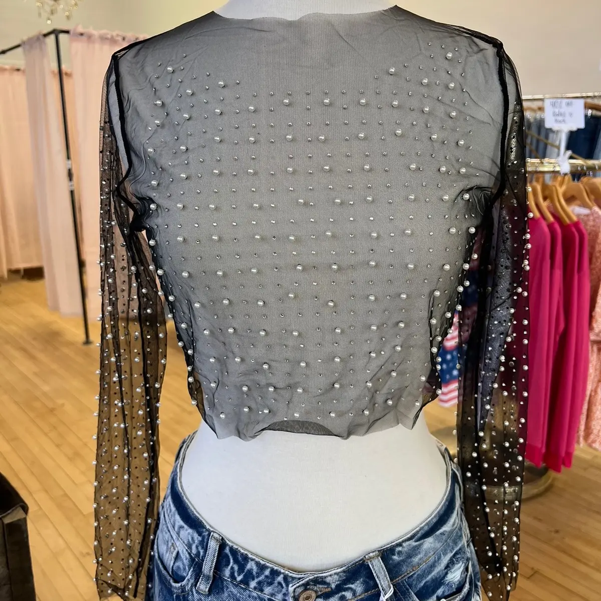 Mesh Pearl Bead Sheer Top