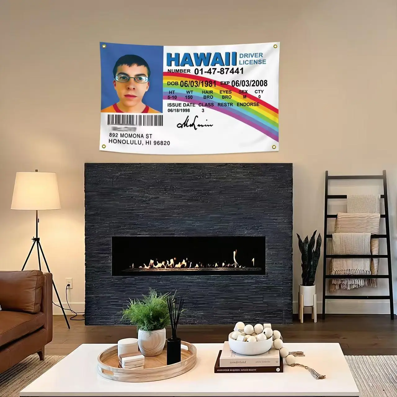 Mclovin Flag Tapestry, 3x5 ft Durable Polyester Fake Hawaii ID Banner with 4 Brass Grommets & Double-Stitched Edge, Indoor/Outdoor Decor for College Dorm Room Home Supplies tiktokshopbacktoschool