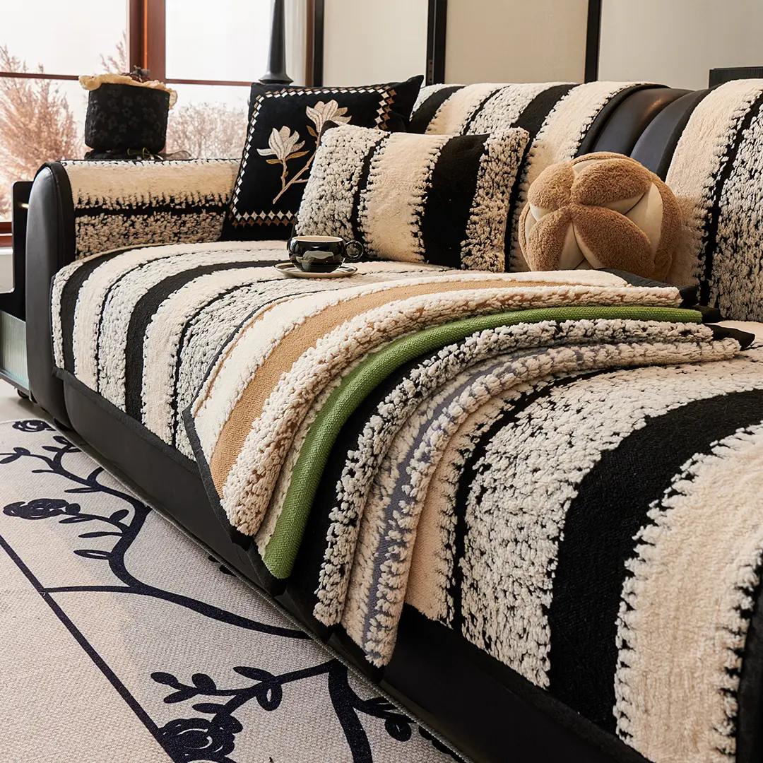 Striped Geometric Patterned Sofa Cushion Cover Thick Soft Cotton-Like Plush Warm for Autumn Winter Non-Slip Dot Backing Wrinkle-Resistant Pilling-Resistant Pet-Friendly Machine Washable Fits Most Sofas