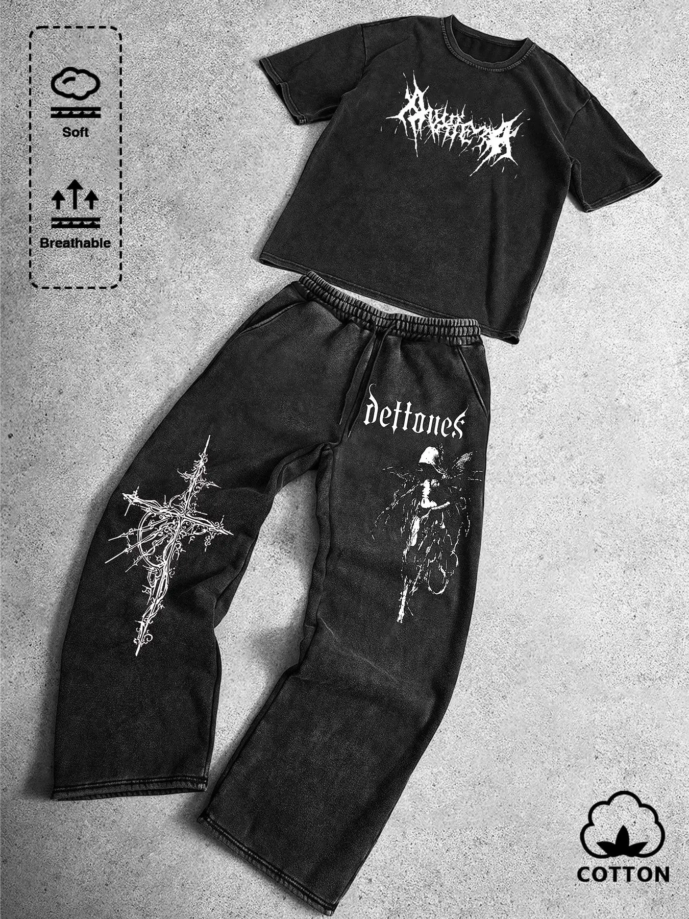 Retro Distressed Oversized Tracksuit - Vintage Aesthetic Breathable Sporty Athleisure Style Round Neck 2-Piece Set, Sweatsuit Set, Fitness Casual Wear, Gothic Cross & Deftones Inspired Graphic Art, Must-Have for TikTok Fitcheck, Athleisure Tracksuit Sets