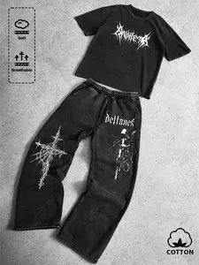 Retro Distressed Oversized Tracksuit - Vintage Aesthetic Breathable Sporty Round Neck 2-Piece Set, Gothic Cross & Deftones Inspired Graphic Art, Must-Have for TikTok Fitcheck.