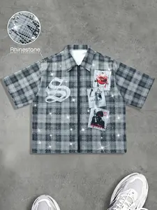 Men's Rhinestone plaid Checked cut zipper shirt, Y2K shiny silk screen printed coarse fabric shirt, loose streetwear, suitable for cutting hemlines, ideal choice for streetwear, parties, and casual wear, suitable for Y2K and fashion enthusiasts