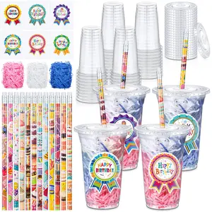 24 Set Summer Birthday Cup Gifts Class Happy Birthday Gifts Plastic Cups with Lid Colorful Straws/Pencils Sticker Raffia   for Students Boys Girls from Teacher Family for End of Year Summer Break B-day Party Favors Back to School Gifts Wrapping Ideas