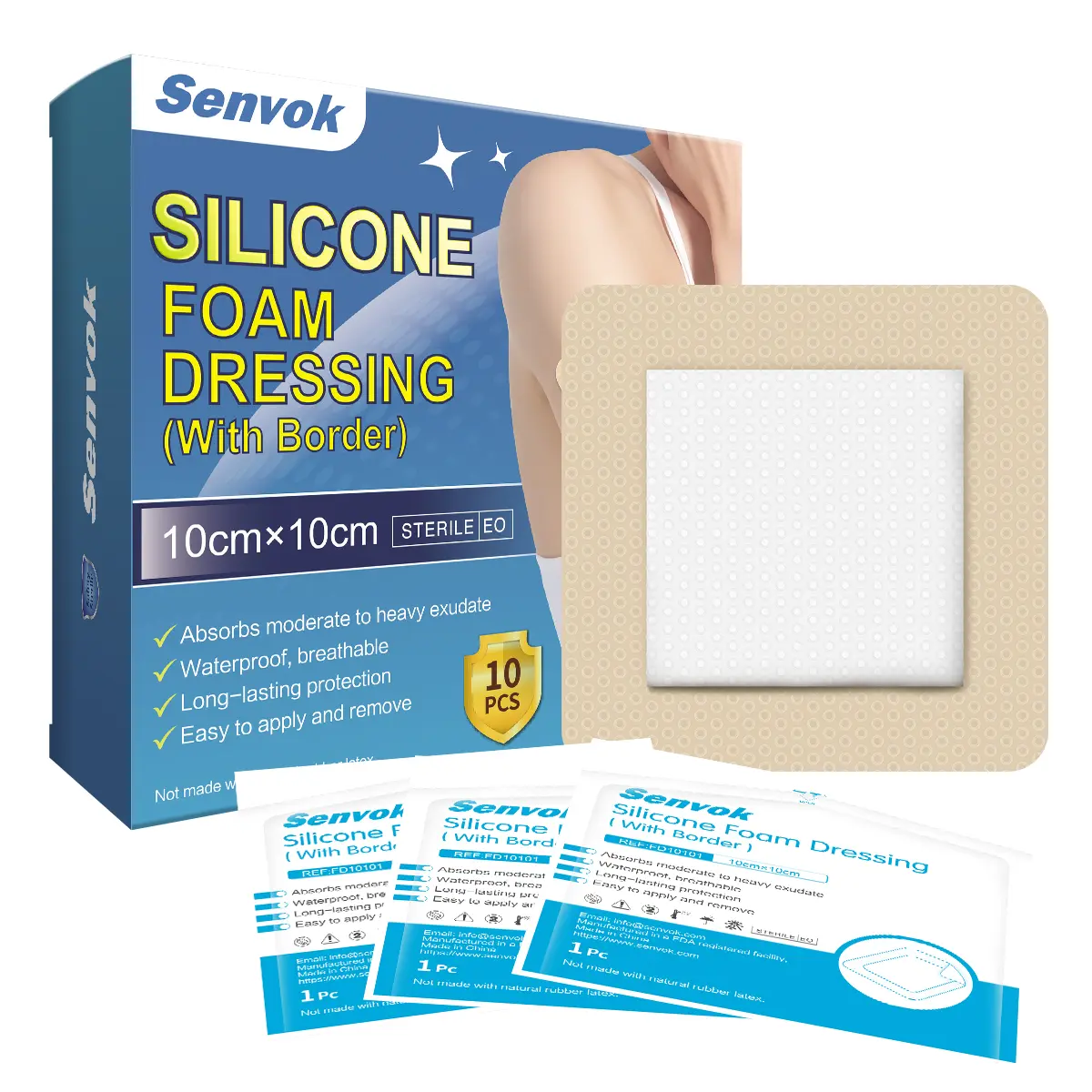 Senvok Silicone Adhesive Foam Dressing with Gentle Border 10cm x 10cm 10 Pack High Absorbency Waterproof Breathable Wound Bandage for Bed Sore Leg Ulcer Foot Diabetic Ulcer