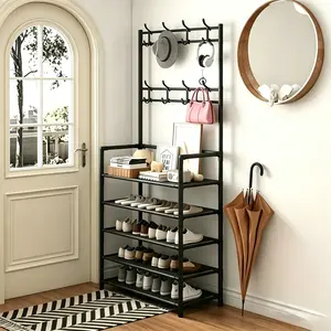 Metal Dual-Purpose Entryway Organizer - Adjustable Standing Shelf, Configurable Dual-Purpose/Floor-Standing/Hanging Shoe Storage, Hangable Bench with Hooks for Clothes, Jackets, Hats, Bags, Umbrellas, Home Accessories