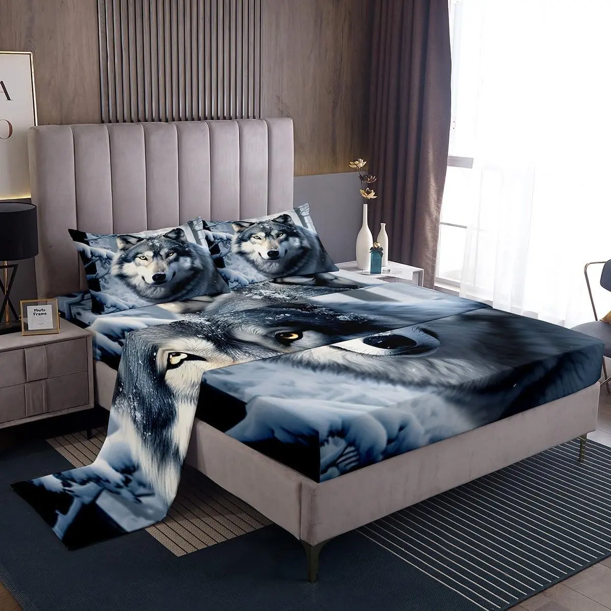 Wolf Bed Sheet Set,Nature Wild Animals Deep Pocket Sheet,3D Print Winter Snow View Bedding Set for Kids Teens Adults Home Decor,White Black Microfiber