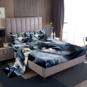 Wolf Bed Sheet Set,Nature Wild Animals Deep Pocket Sheet,3D Print Winter Snow View Bedding Set for Kids Teens Adults Home Decor,White Black Microfiber