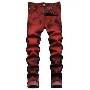 Streetwear fashion trend men's jeans fashion brand high street personality gradient graffiti red small straight leg men's pants