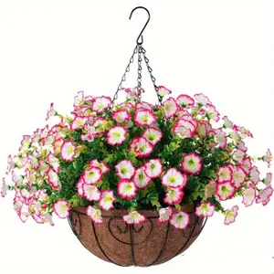 One Full Artificial Hanging Basket, Fade-Resistant Pink Morning Glory Vine for All-Weather Patio, Balcony & Festive Decor