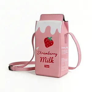 Creative Strawberry Milk Carton Shaped Crossbody Bag