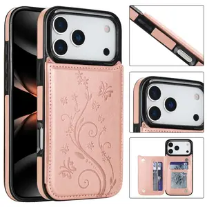 Embossed Butterfly Leather Phone Cases For iPhone 17 Pro Max 16 Plus 15 14 13 12 11 Pro, Magnetic Flip Wallet Card Case Card Holder Premium PU Leather Kickstand Cases