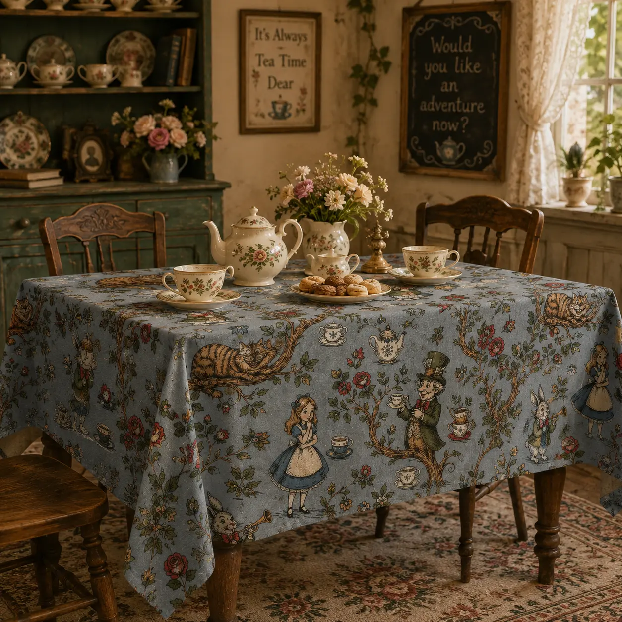 Vintage Wonderland Tea Party Tablecloth, Alice-Inspired Rabbit, Cat, Roses & Teacup Print, 100% Polyester Rectangle Table Cover for Dining Room, Kitchen, Party & Cottagecore Decor