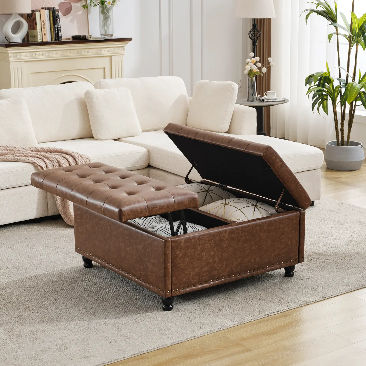 Tbfit Large Storage Ottoman Coffee Table – Tufted Upholstered Lift Top Ottoman Bench with Hidden Storage & Solid Wood Legs, DealsforYouDays