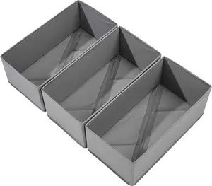 Sock Drawer Organizer 3 Pack - Collapsible Fabric Storage Bins for Underwear Divider, Small Closet Organizers with 3 Compartments, Gray