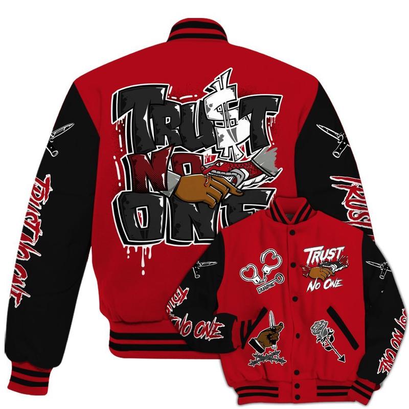 Bred Velvet 11s - Trust No One Dripping All Over Print Varsity Jacket, 90s Hip Hop Baseball Jacket, Sports Lightweight Jacket, Stylish Unisex Streetwear Outerwear, Sneaker Match Streetwear Jacket