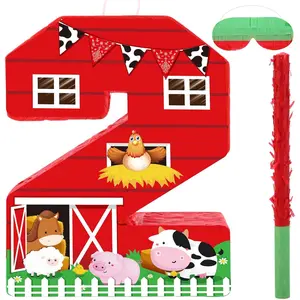 Farm Birthday Piñata Number Piñata with Blindfold Bat and Confetti Farm Animal Piñata for Boys Girls Birthday Party Decorations Barnyard Baby Shower Carnival Game Supplies(Farm Number 2)