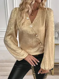 Women's Metallic Wrap Shirt Blouse, V Neck Long Sleeve Decorative Button Lantern Sleeves, Party/date/casual Luxe