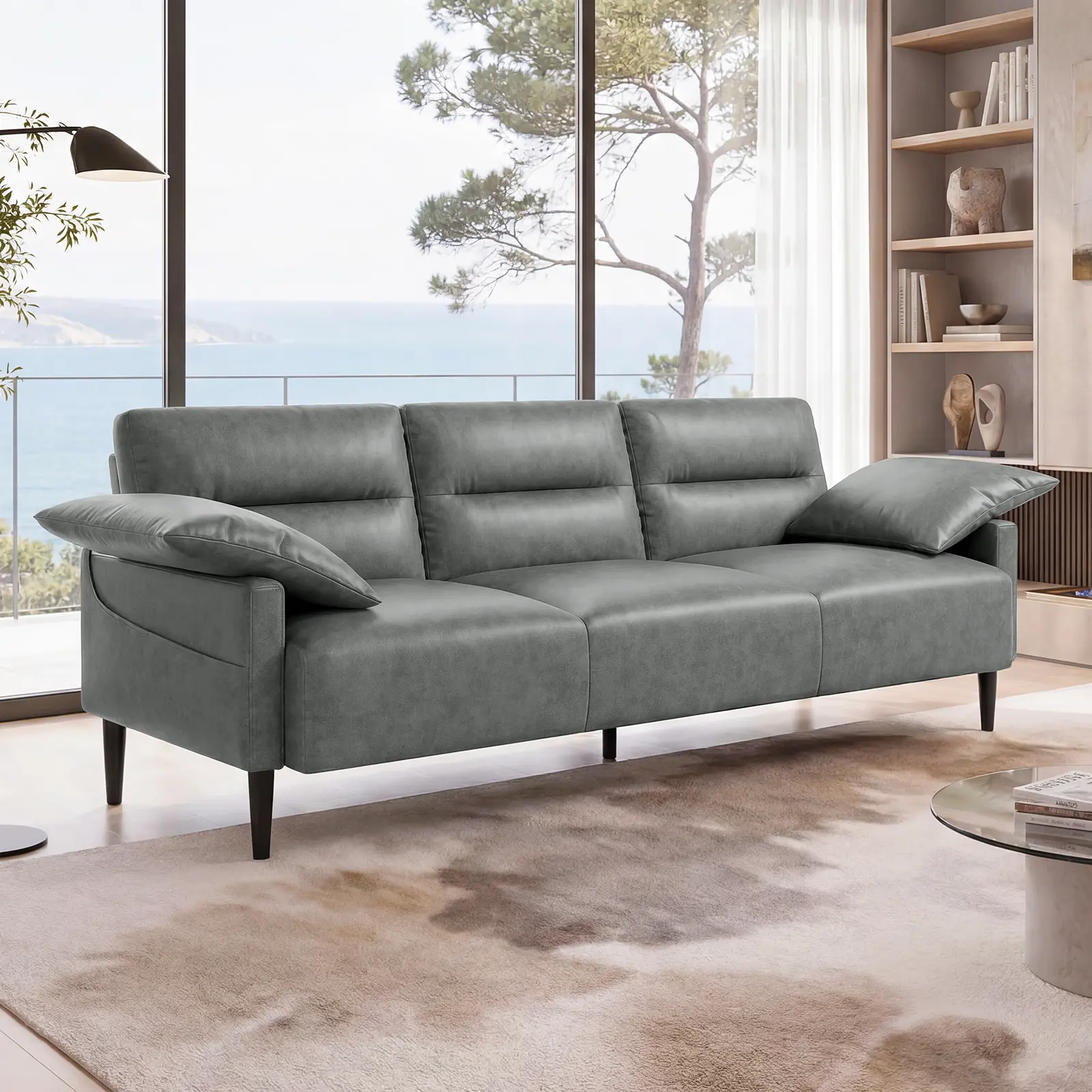 83'' Faux Leather Square Arm Sofa with 2 Pillows