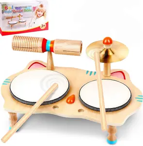Kids Drum Set – 6-in-1 Wooden Musical Instruments for Toddlers 1–3, Montessori Baby Music Set with Drums, Cymbal & Tone Block, FSC-Certified Cat Design Table for Home & Classroom Learning Gift