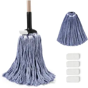 Heavy Duty Floor Mop, Non-Touch Replacement, 2 Reusable Cotton Heads, 4 Scouring Pads, Industrial Wet & Dry Mops for Home & Commercial, Kitchen, Garage & Office Floor Cleaning, Blue