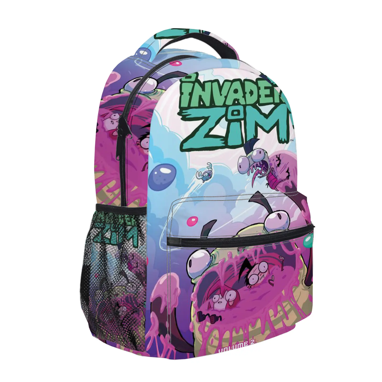 invader zim Y2K Aesthetic Backpack for Girls, Cute Cartoon Girl Printed School Bag for Teens, Large Capacity Bookbag with Mesh Side Pockets, Lightweight Casual Travel Daypack for Back to School e-228