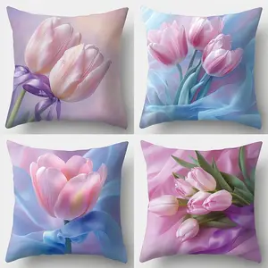 Floral Pattern Cushion Cover, 4 Counts/set Square Throw Pillow Cover, Household Decoration Supplies for Home Living Room Bedroom