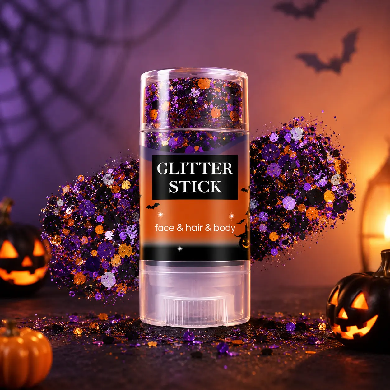 Halloween Body Glitter Stick, Black Purple & Orange Face and Hair Glitter, Sparkly Body Makeup for Halloween Costumes, Cosplay, Parties & Festivals, Glitter Makeup for Kids & Adults