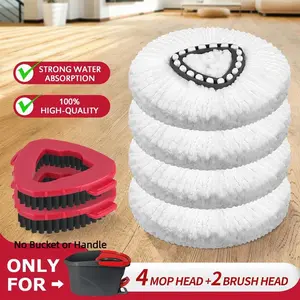 Microfiber Spin Mop Refills & Scrub Brush Heads – 4 Mop Heads + 2 Brush Heads for Hard Floor Cleaning, No Bucket/Handle Included