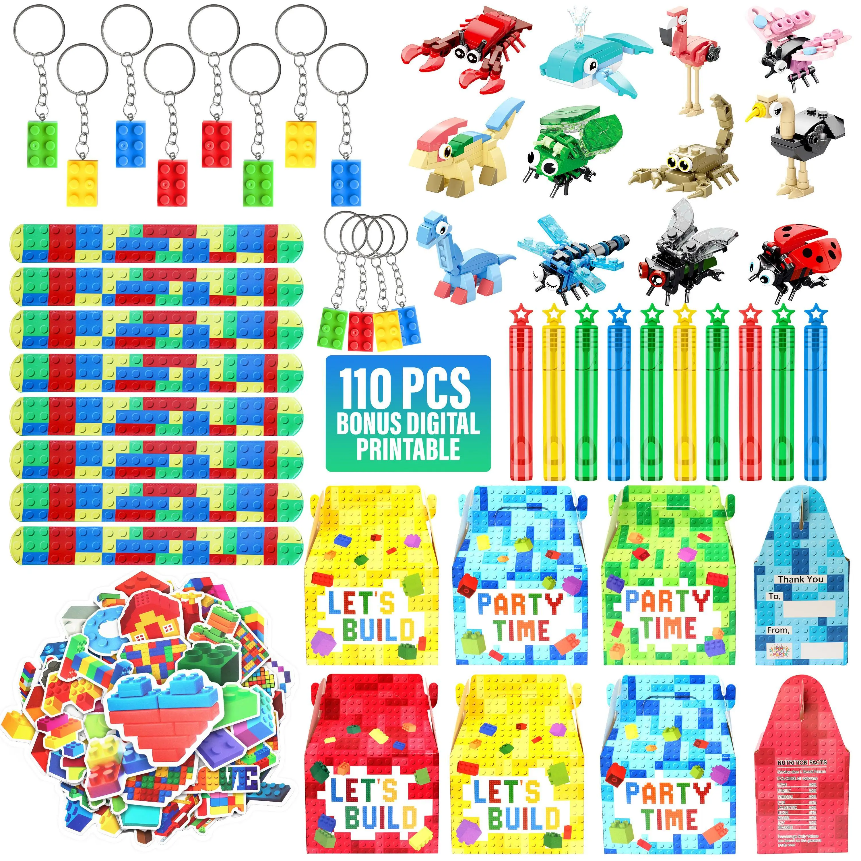 110 Pcs Building Blocks Party Favors For Kids, Set Of 12 Brick Style Keychain, Wristband, Treat Box, Stickers , Bubble and Toy (12 serve) Colorful Gifts