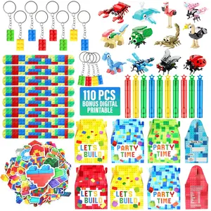 110 Pcs Building Blocks Party Favors For Kids, Set Of 12 Brick Style Keychain, Wristband, Treat Box, Stickers , Bubble and Toy (12 serve) Colorful Gifts