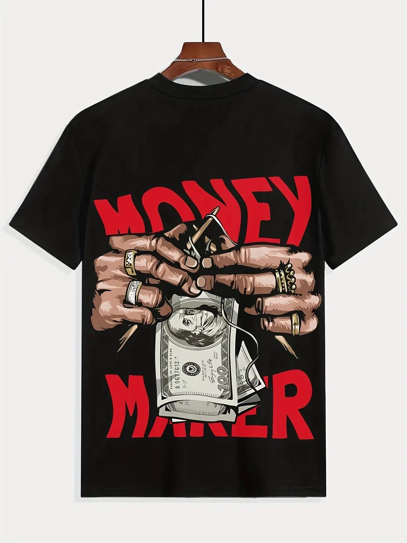 Men'S 'MONEY MAKER' Graphic T-Shirt| Stylish Black Tee with Cartoon Hands Holding Dollar Bills, Bold Red Printing, , Perfect for Street Style Enthusiasts, Ideal for Casual Outings and Trendy Looks